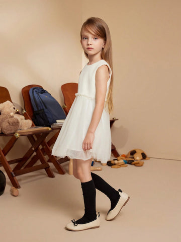 PrepCrw Young Girls Elegant And Sweet Beige Faux Wool & Mesh Panel Sleeveless Dress, Autumn/Winter