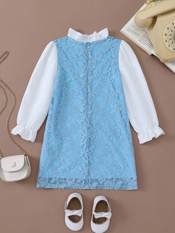 PrepCrw Young Girls Elegant Collegiate Style Blue And White Lace Knit Patchwork Loose Fit Ruffle Collar Dress, Spring & Autumn