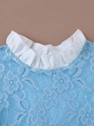 PrepCrw Young Girls Elegant Collegiate Style Blue And White Lace Knit Patchwork Loose Fit Ruffle Collar Dress, Spring & Autumn
