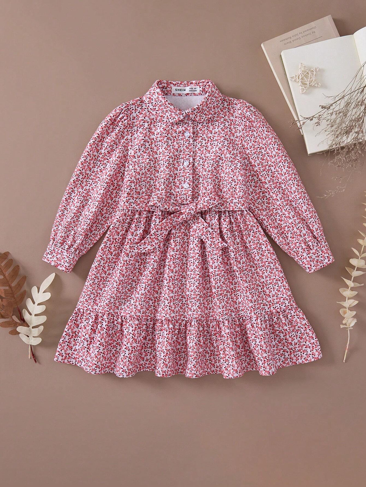 PrepCrw Young Girls Elegant Ditsy Floral A-Line Waist Cinching Collared Dress, Suitable For Spring & Autumn