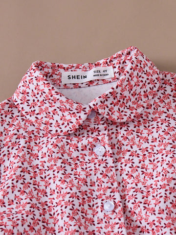 PrepCrw Young Girls Elegant Ditsy Floral A-Line Waist Cinching Collared Dress, Suitable For Spring & Autumn