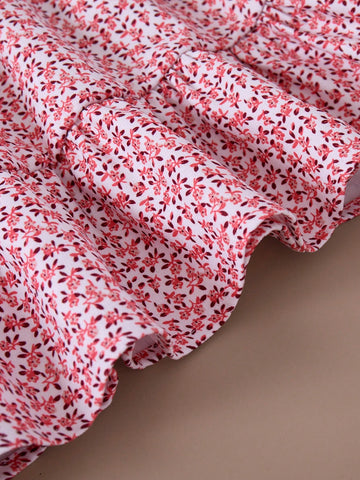 PrepCrw Young Girls Elegant Ditsy Floral A-Line Waist Cinching Collared Dress, Suitable For Spring & Autumn