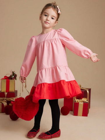 PrepCrw Young Girls Elegant School Style Color Block Red & Pink Chiffon Loose A-Line Dress, Autumn/Winter