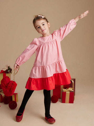PrepCrw Young Girls Elegant School Style Color Block Red & Pink Chiffon Loose A-Line Dress, Autumn/Winter