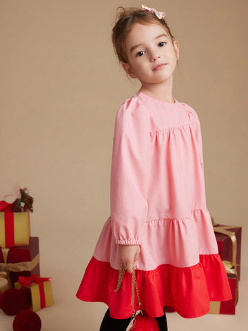 PrepCrw Young Girls Elegant School Style Color Block Red & Pink Chiffon Loose A-Line Dress, Autumn/Winter