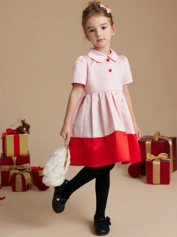 PrepCrw Young Girls Elegant School Style Color Block Waist Bow Tie Woven Bodycon Dress, Spring Autumn