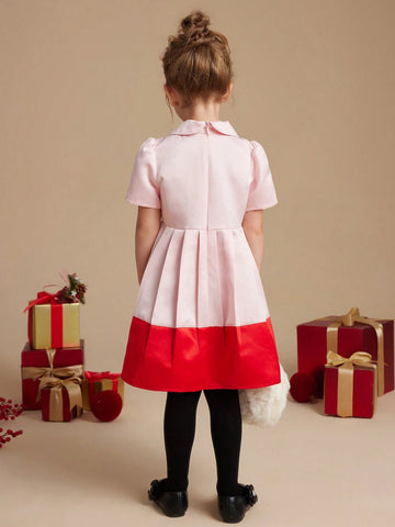 PrepCrw Young Girls Elegant School Style Color Block Waist Bow Tie Woven Bodycon Dress, Spring Autumn
