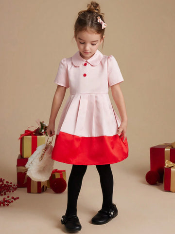 PrepCrw Young Girls Elegant School Style Color Block Waist Bow Tie Woven Bodycon Dress, Spring Autumn