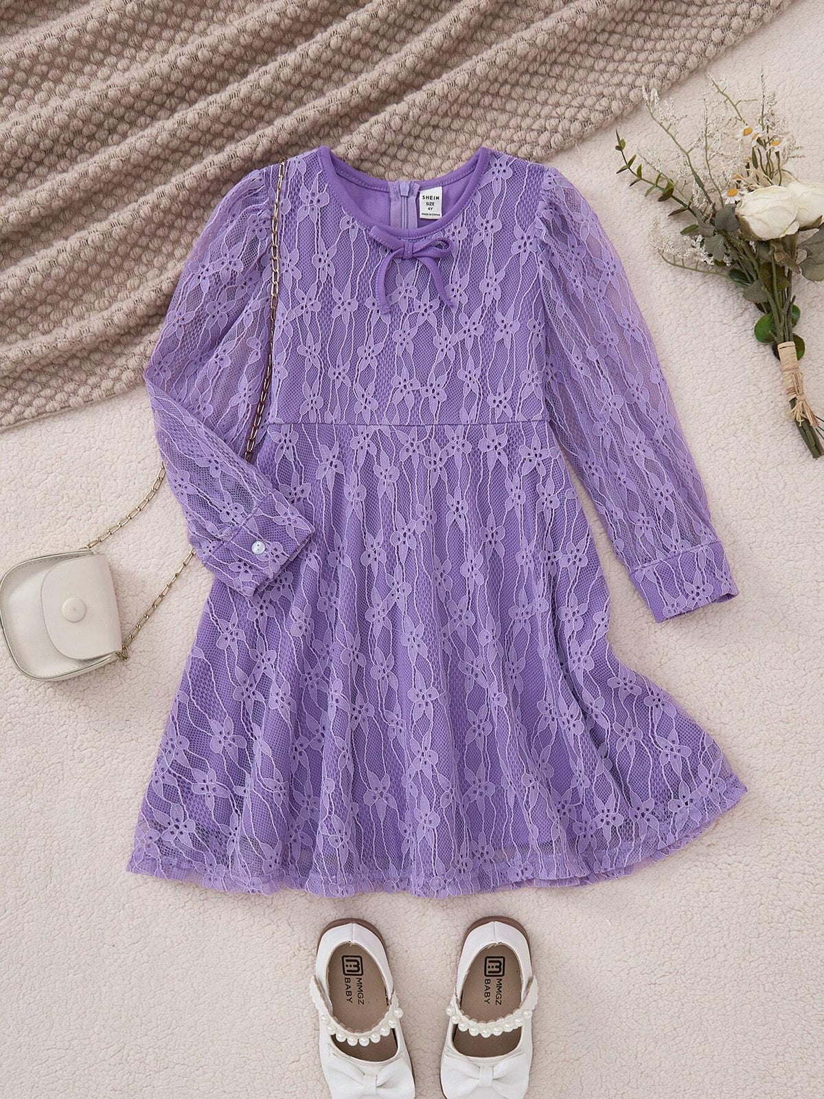 PrepCrw Young Girls' Elegant School Style Purple Lace Bow Decor Knit Waisted A-Line Dress, Spring/Autumn