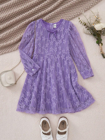 PrepCrw Young Girls' Elegant School Style Purple Lace Bow Decor Knit Waisted A-Line Dress, Spring/Autumn