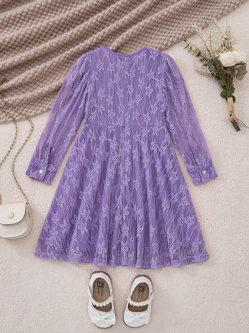 PrepCrw Young Girls' Elegant School Style Purple Lace Bow Decor Knit Waisted A-Line Dress, Spring/Autumn