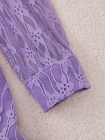 PrepCrw Young Girls' Elegant School Style Purple Lace Bow Decor Knit Waisted A-Line Dress, Spring/Autumn