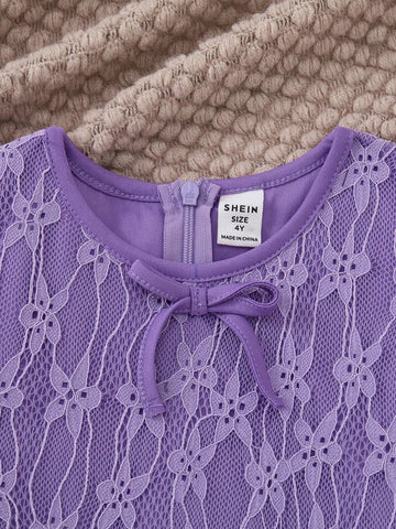 PrepCrw Young Girls' Elegant School Style Purple Lace Bow Decor Knit Waisted A-Line Dress, Spring/Autumn