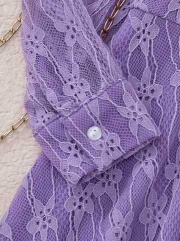 PrepCrw Young Girls' Elegant School Style Purple Lace Bow Decor Knit Waisted A-Line Dress, Spring/Autumn