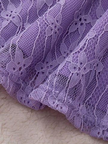 PrepCrw Young Girls' Elegant School Style Purple Lace Bow Decor Knit Waisted A-Line Dress, Spring/Autumn