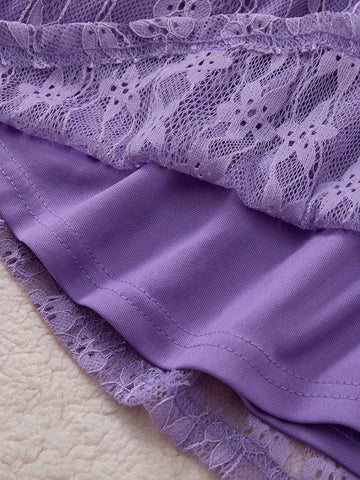 PrepCrw Young Girls' Elegant School Style Purple Lace Bow Decor Knit Waisted A-Line Dress, Spring/Autumn