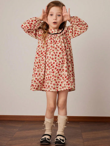 PrepCrw Young Girls Flowing Red Ditsy Floral Relaxed Fit Woven Summer Dress