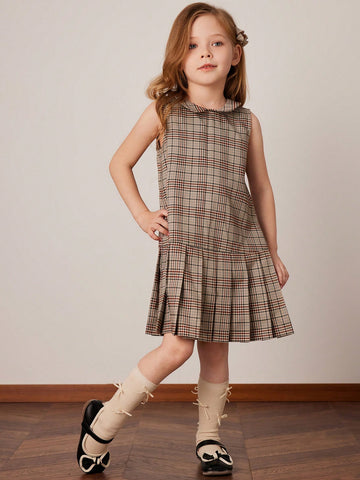 PrepCrw Young Girls Grey Plaid Collared Bodycon Mini Dress, Academic Style For Autumn/Winter