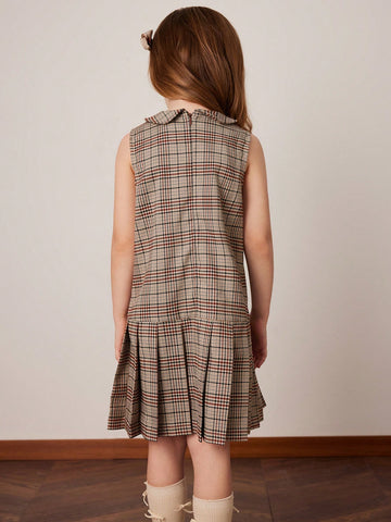 PrepCrw Young Girls Grey Plaid Collared Bodycon Mini Dress, Academic Style For Autumn/Winter