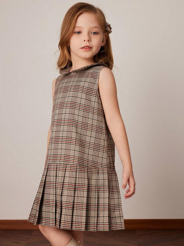 PrepCrw Young Girls Grey Plaid Collared Bodycon Mini Dress, Academic Style For Autumn/Winter
