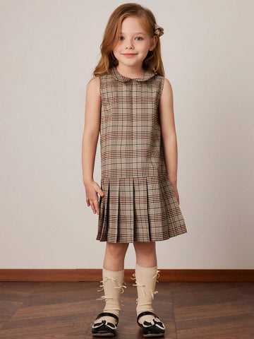 PrepCrw Young Girls Grey Plaid Collared Bodycon Mini Dress, Academic Style For Autumn/Winter