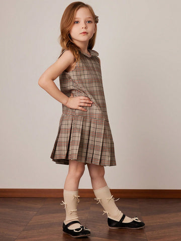 PrepCrw Young Girls Grey Plaid Collared Bodycon Mini Dress, Academic Style For Autumn/Winter