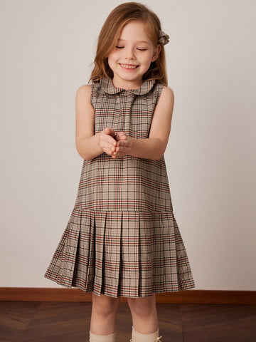 PrepCrw Young Girls Grey Plaid Collared Bodycon Mini Dress, Academic Style For Autumn/Winter