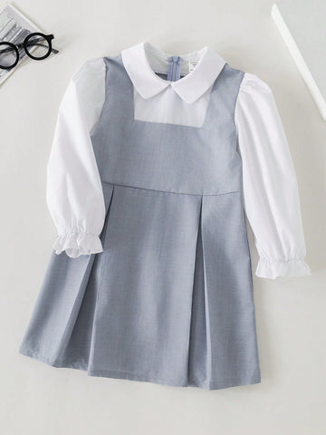 PrepCrw Young Girls Grey & White Splice Flare Dress With Collegiate Style, Spring/Summer