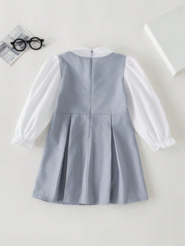 PrepCrw Young Girls Grey & White Splice Flare Dress With Collegiate Style, Spring/Summer