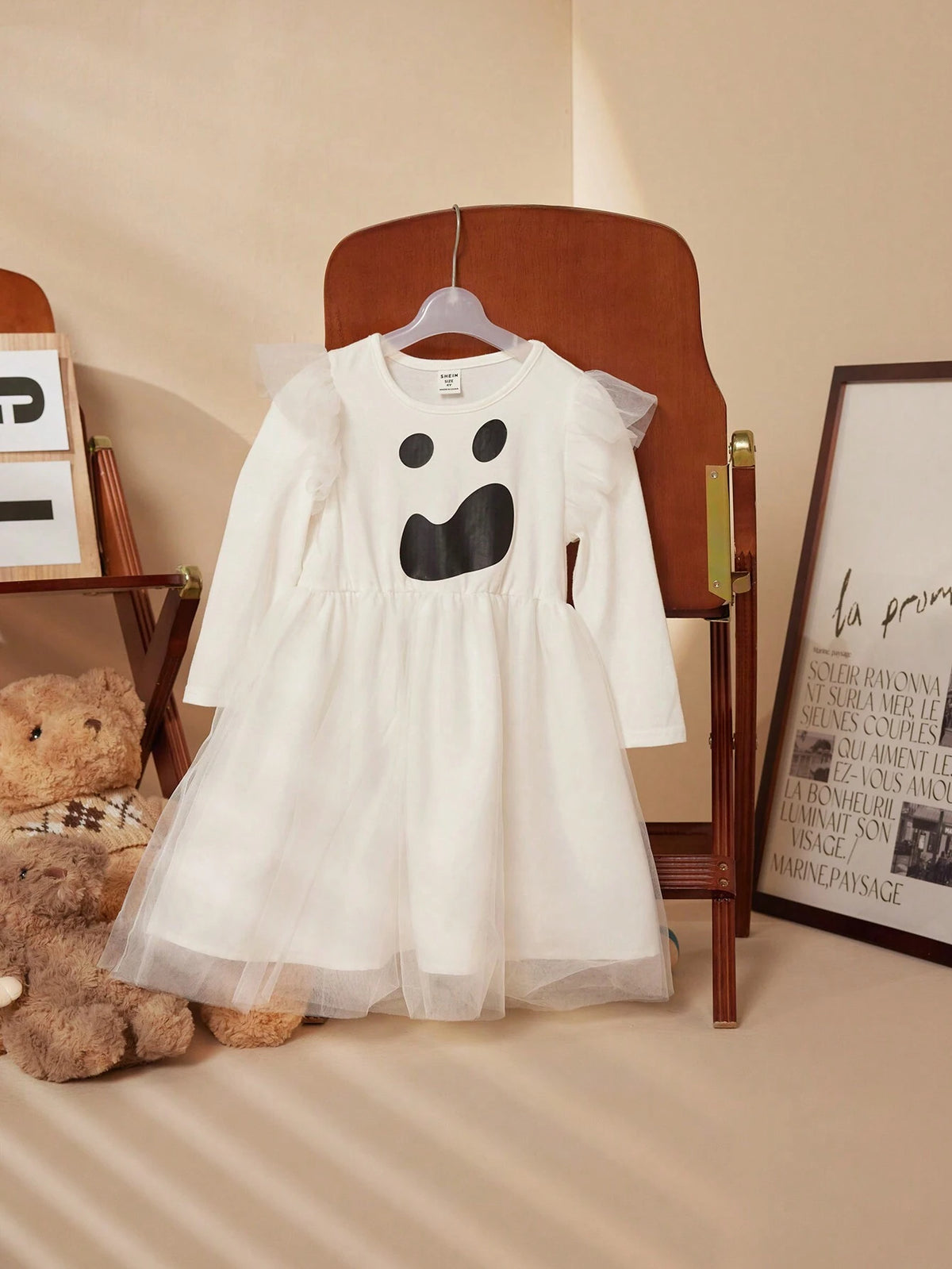 PrepCrw Young Girls' Halloween Pattern Print Black & White Elastic Knit Patchwork Ruffle Mesh Long Sleeve Dresses, Autumn/Winter