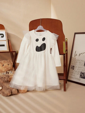 PrepCrw Young Girls' Halloween Pattern Print Black & White Elastic Knit Patchwork Ruffle Mesh Long Sleeve Dresses, Autumn/Winter