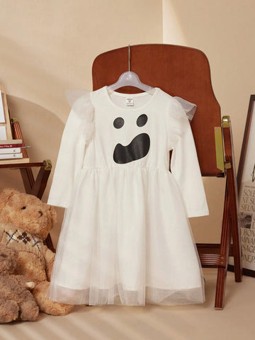 PrepCrw Young Girls' Halloween Pattern Print Black & White Elastic Knit Patchwork Ruffle Mesh Long Sleeve Dresses, Autumn/Winter