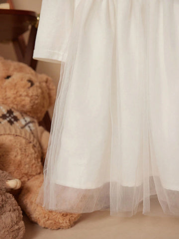 PrepCrw Young Girls' Halloween Pattern Print Black & White Elastic Knit Patchwork Ruffle Mesh Long Sleeve Dresses, Autumn/Winter