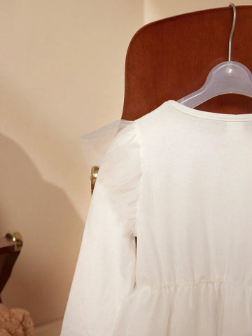 PrepCrw Young Girls' Halloween Pattern Print Black & White Elastic Knit Patchwork Ruffle Mesh Long Sleeve Dresses, Autumn/Winter