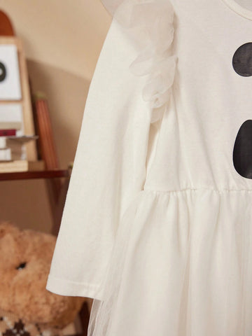 PrepCrw Young Girls' Halloween Pattern Print Black & White Elastic Knit Patchwork Ruffle Mesh Long Sleeve Dresses, Autumn/Winter