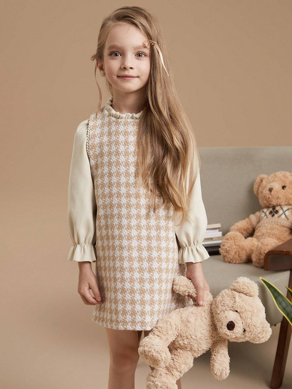 PrepCrw Young Girls Houndstooth Pattern Fitted 2 In 1 Woven Dress, School Style, Autumn/Winter