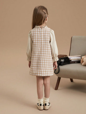 PrepCrw Young Girls Houndstooth Pattern Fitted 2 In 1 Woven Dress, School Style, Autumn/Winter