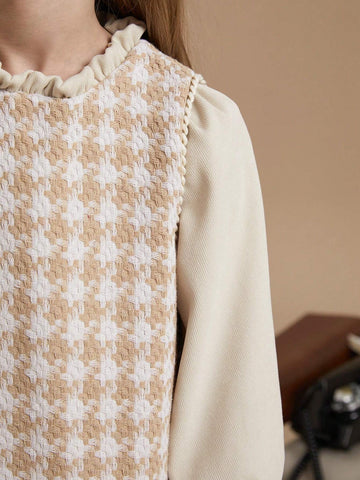 PrepCrw Young Girls Houndstooth Pattern Fitted 2 In 1 Woven Dress, School Style, Autumn/Winter