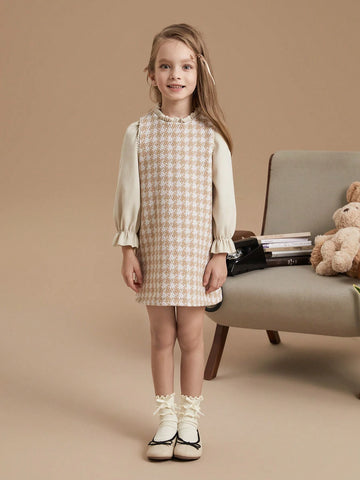 PrepCrw Young Girls Houndstooth Pattern Fitted 2 In 1 Woven Dress, School Style, Autumn/Winter