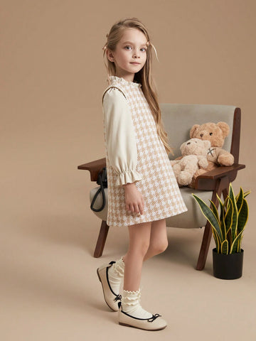 PrepCrw Young Girls Houndstooth Pattern Fitted 2 In 1 Woven Dress, School Style, Autumn/Winter
