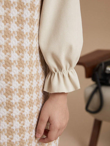 PrepCrw Young Girls Houndstooth Pattern Fitted 2 In 1 Woven Dress, School Style, Autumn/Winter