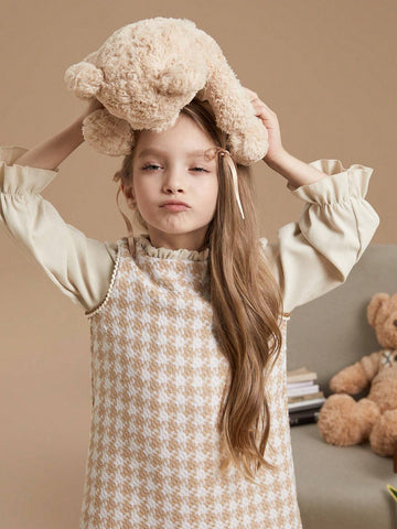 PrepCrw Young Girls Houndstooth Pattern Fitted 2 In 1 Woven Dress, School Style, Autumn/Winter