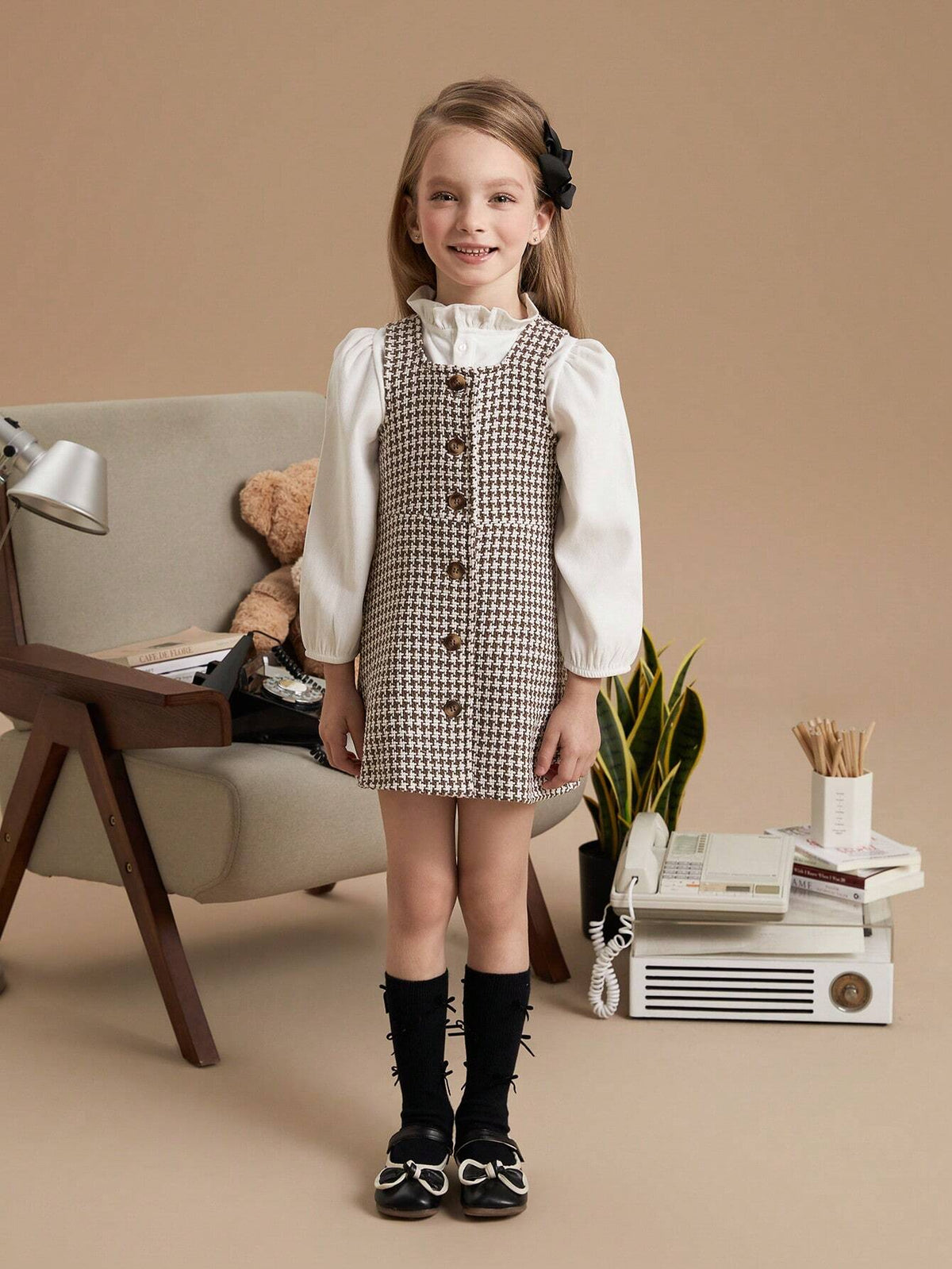 PrepCrw Young Girls Houndstooth Woven Fit-And-Flare Camisole Dress, Autumn/Winter