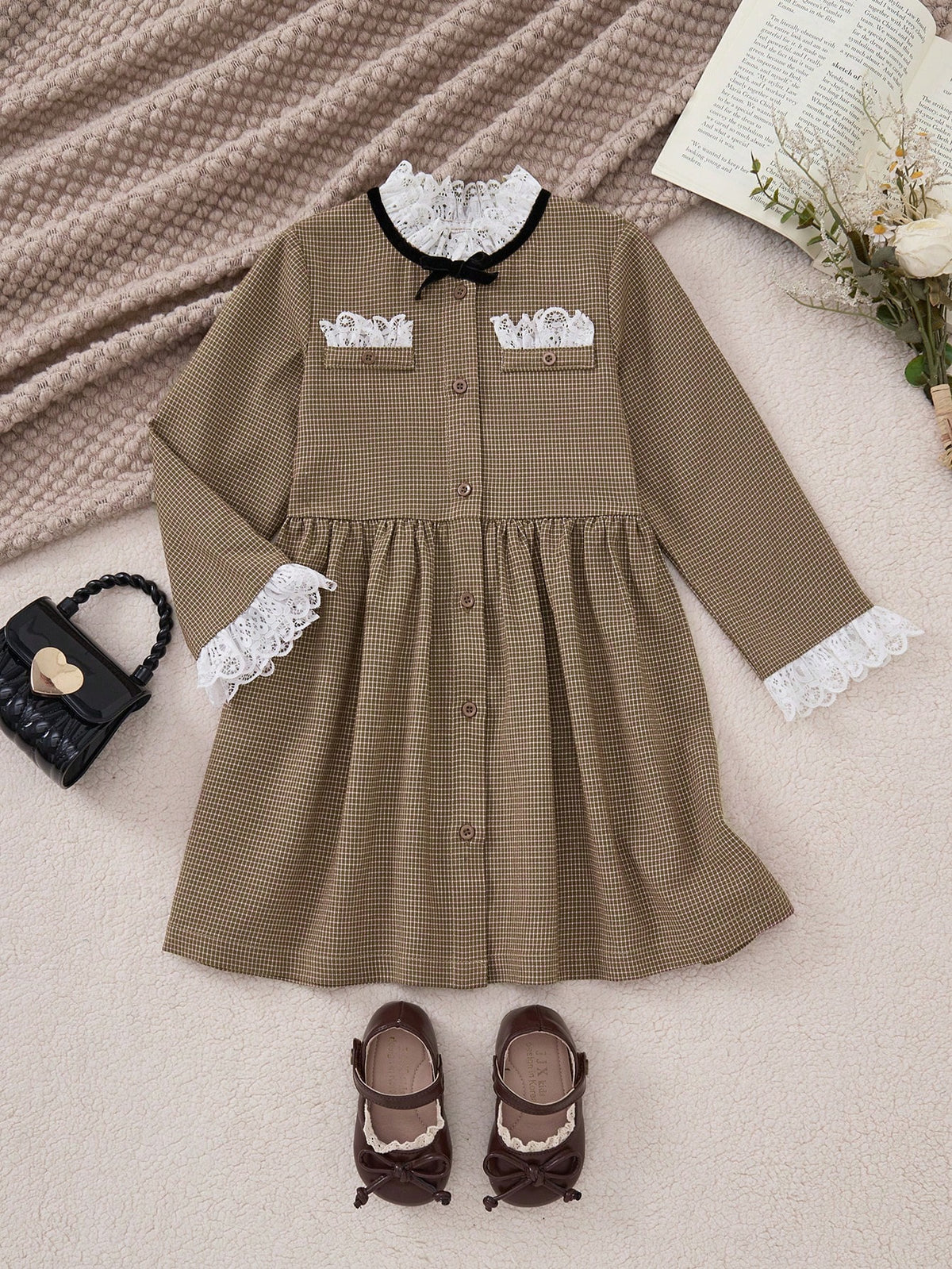 PrepCrw Young Girls' Khaki Color Butterfly Decor A-Line Front Button Closure Woven Cinched Waist Dress, Autumn/Winter
