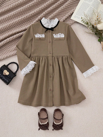 PrepCrw Young Girls' Khaki Color Butterfly Decor A-Line Front Button Closure Woven Cinched Waist Dress, Autumn/Winter