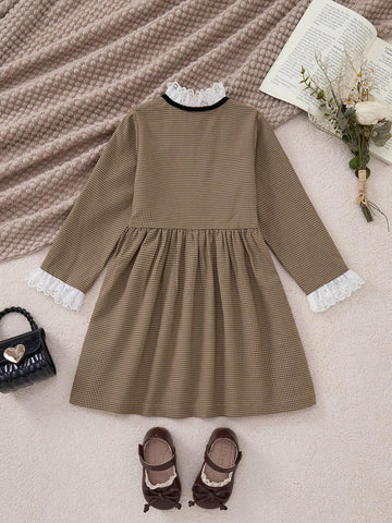 PrepCrw Young Girls' Khaki Color Butterfly Decor A-Line Front Button Closure Woven Cinched Waist Dress, Autumn/Winter