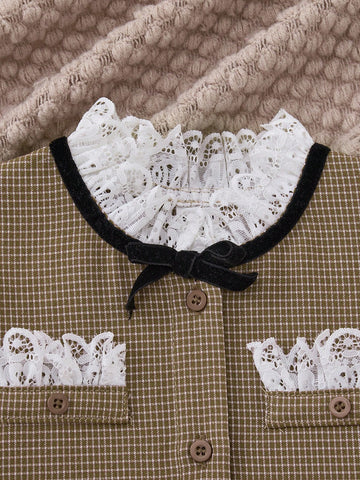 PrepCrw Young Girls' Khaki Color Butterfly Decor A-Line Front Button Closure Woven Cinched Waist Dress, Autumn/Winter