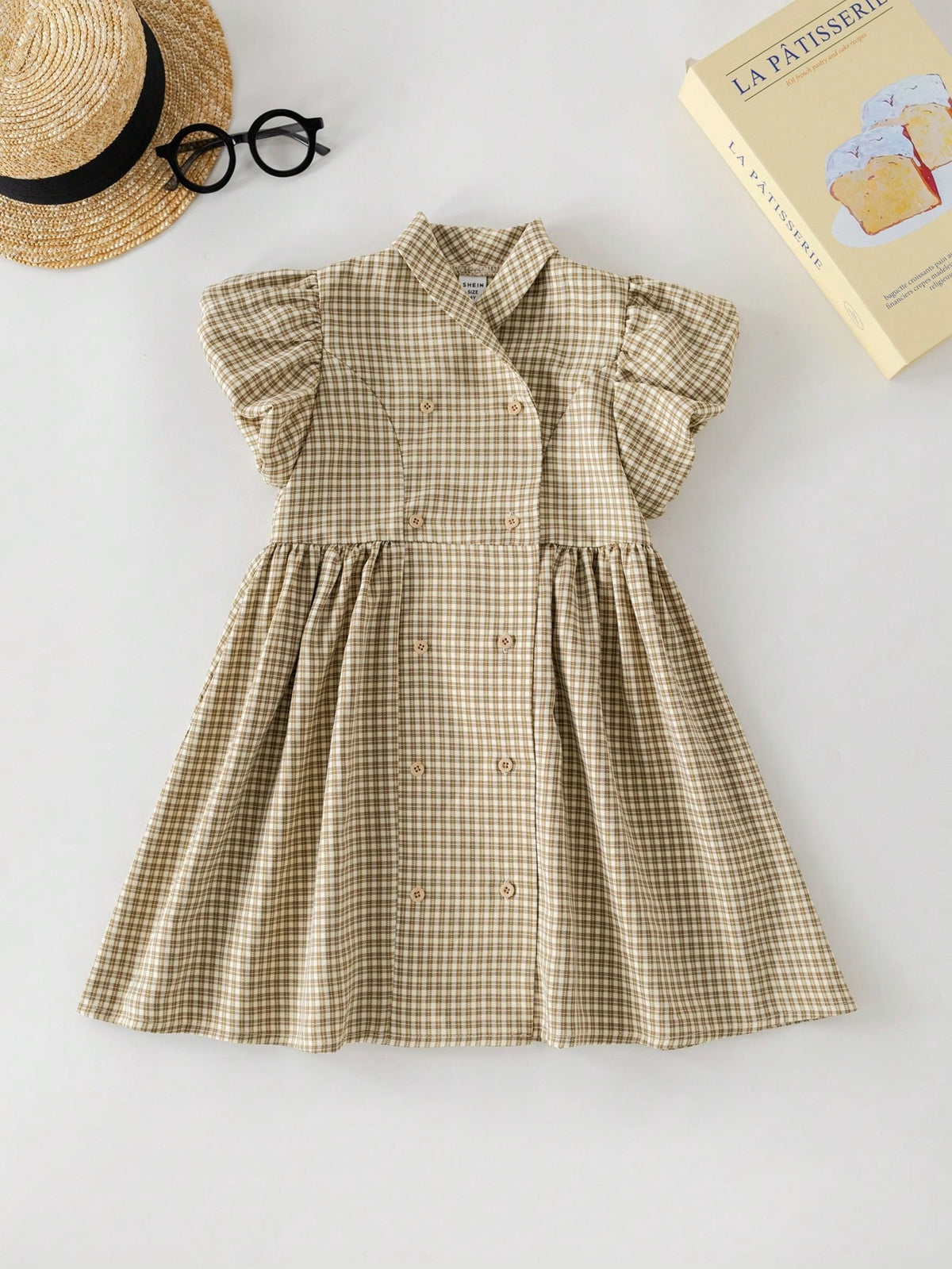 PrepCrw Young Girls Khaki Houndstooth Print Loose Double-Breasted Dress, Spring/Summer