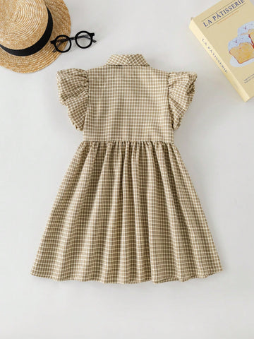 PrepCrw Young Girls Khaki Houndstooth Print Loose Double-Breasted Dress, Spring/Summer