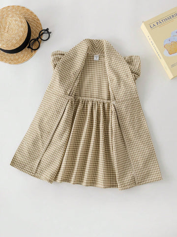 PrepCrw Young Girls Khaki Houndstooth Print Loose Double-Breasted Dress, Spring/Summer